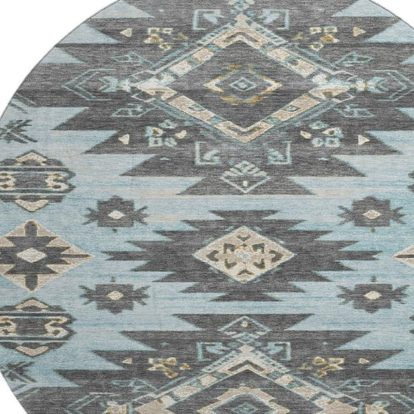 HomeRoots 8' X 10' Teal Charcoal Gray Tribal Area Rug - Stain Resistant, UV Protected, Perfect for Busy Spaces 709016