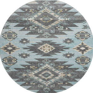 HomeRoots 8' X 10' Teal Charcoal Gray Tribal Area Rug - Stain Resistant, UV Protected, Perfect for Busy Spaces 709016