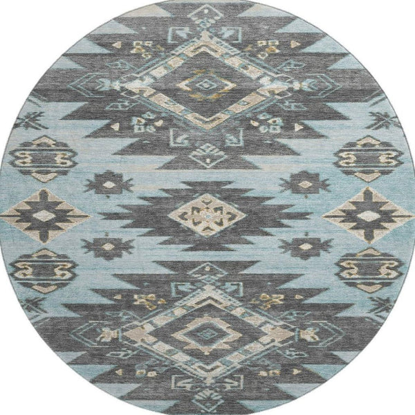 HomeRoots 8' X 10' Teal Charcoal Gray Tribal Area Rug - Stain Resistant, UV Protected, Perfect for Busy Spaces 709016