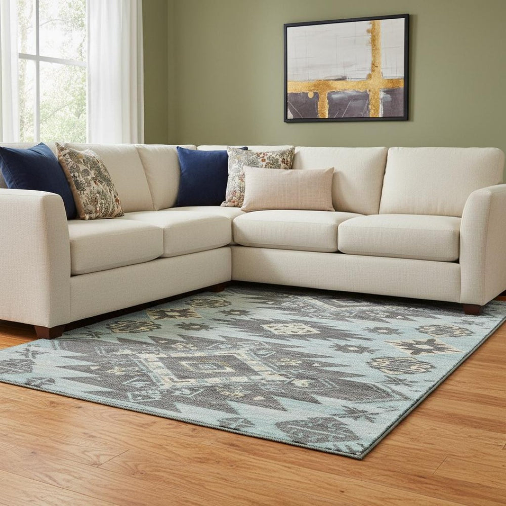 HomeRoots 9' X 12' Tribal Washable Area Rug in Teal, Charcoal & Gray - UV Protected, Non-Slip, Durable Design 709017