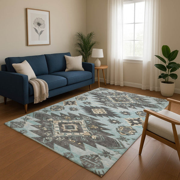 HomeRoots 9' X 12' Tribal Washable Area Rug in Teal, Charcoal & Gray - UV Protected, Non-Slip, Durable Design 709017