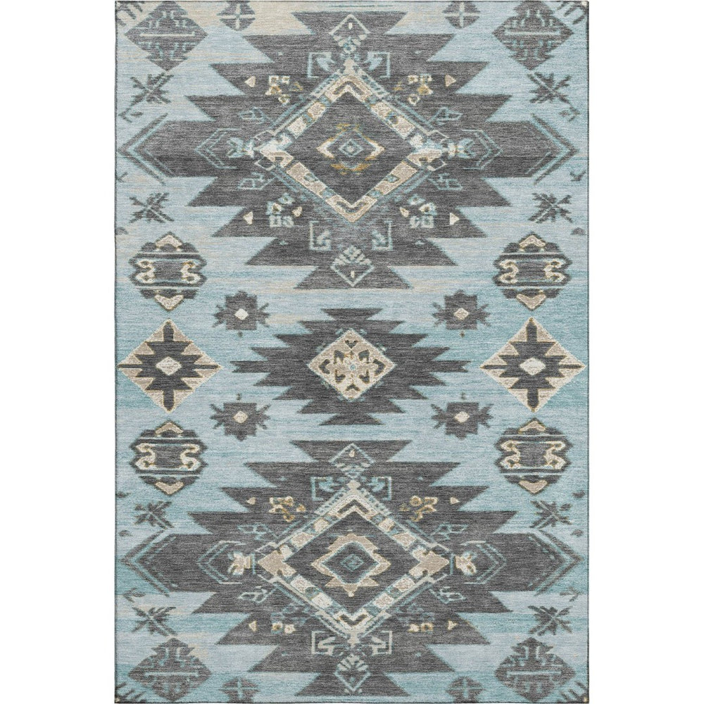 HomeRoots 9' X 12' Tribal Washable Area Rug in Teal, Charcoal & Gray - UV Protected, Non-Slip, Durable Design 709017