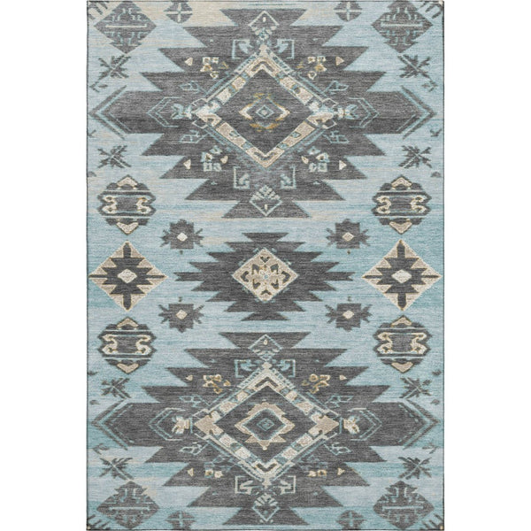 HomeRoots 9' X 12' Tribal Washable Area Rug in Teal, Charcoal & Gray - UV Protected, Non-Slip, Durable Design 709017