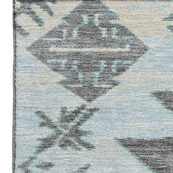 HomeRoots 9' X 12' Tribal Washable Area Rug in Teal, Charcoal & Gray - UV Protected, Non-Slip, Durable Design 709017
