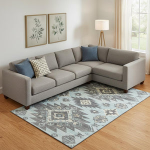 HomeRoots 10' X 14' Teal Charcoal Gray Tribal Washable Area Rug – Stylish, Durable, UV Protected for Busy Homes 709018