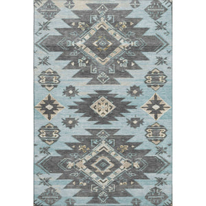 HomeRoots 10' X 14' Teal Charcoal Gray Tribal Washable Area Rug – Stylish, Durable, UV Protected for Busy Homes 709018