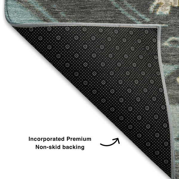HomeRoots 10' X 14' Teal Charcoal Gray Tribal Washable Area Rug – Stylish, Durable, UV Protected for Busy Homes 709018