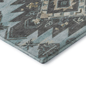 HomeRoots 10' X 14' Teal Charcoal Gray Tribal Washable Area Rug – Stylish, Durable, UV Protected for Busy Homes 709018