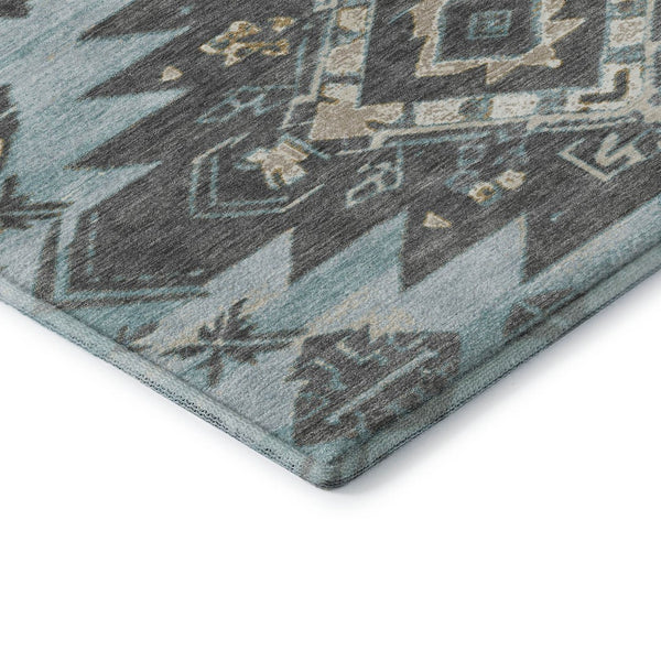 HomeRoots 10' X 14' Teal Charcoal Gray Tribal Washable Area Rug – Stylish, Durable, UV Protected for Busy Homes 709018