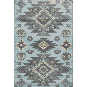 HomeRoots 10' X 14' Teal Charcoal Gray Tribal Washable Area Rug – Stylish, Durable, UV Protected for Busy Homes 709018