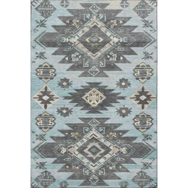 HomeRoots 10' X 14' Teal Charcoal Gray Tribal Washable Area Rug – Stylish, Durable, UV Protected for Busy Homes 709018