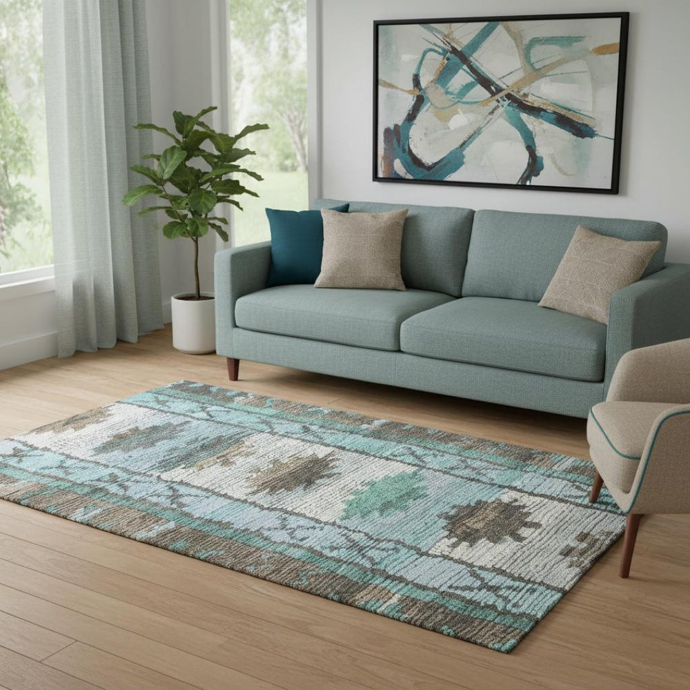 HomeRoots 8' Washable Round Rug in Brown, Teal & Ivory - Durable, UV-Protected Tribal Design for Any Space 709021