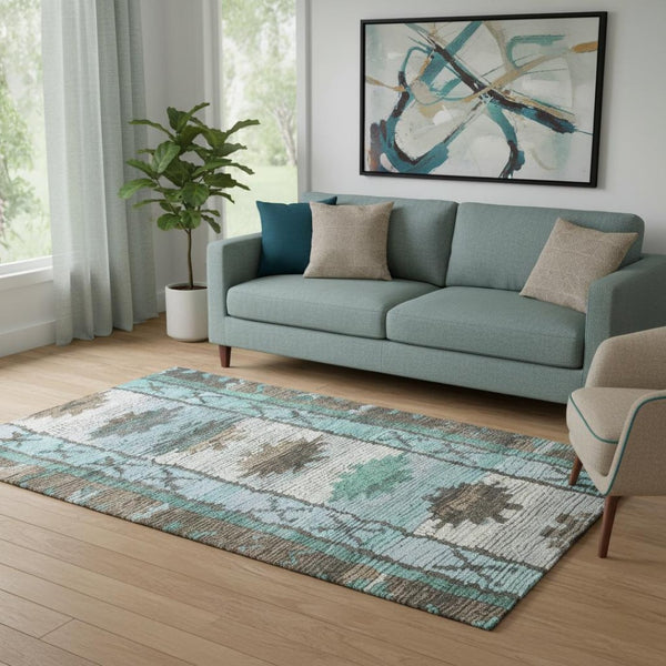 HomeRoots 8' Washable Round Rug in Brown, Teal & Ivory - Durable, UV-Protected Tribal Design for Any Space 709021