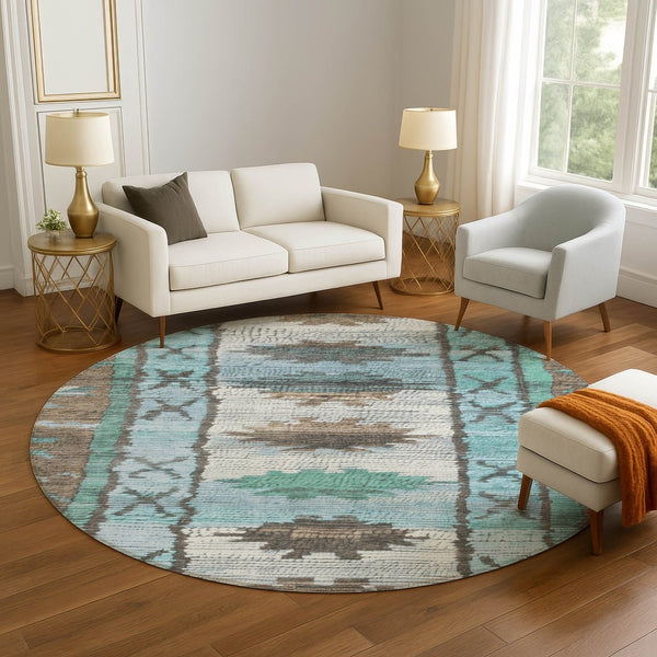 HomeRoots 8' X 10' Vibrant Brown Teal Ivory Tribal Area Rug - Washable, UV Protected, Ideal for Busy Homes 709022