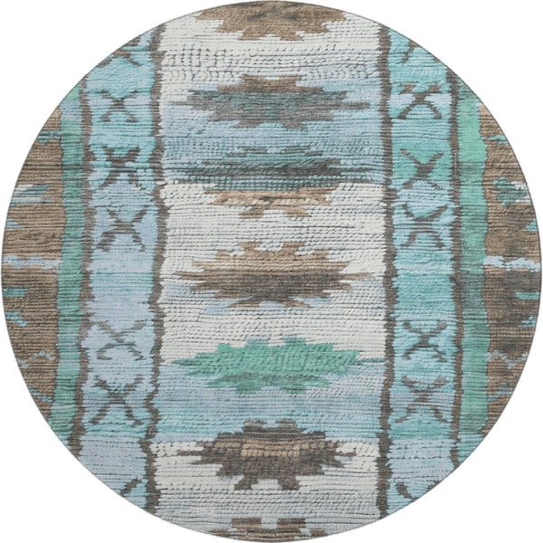 HomeRoots 8' X 10' Vibrant Brown Teal Ivory Tribal Area Rug - Washable, UV Protected, Ideal for Busy Homes 709022