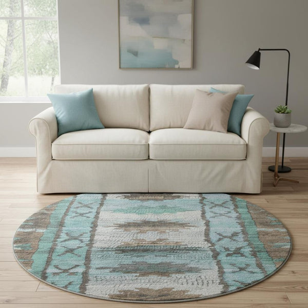 HomeRoots 8' X 10' Vibrant Brown Teal Ivory Tribal Area Rug - Washable, UV Protected, Ideal for Busy Homes 709022