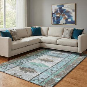 HomeRoots 9' X 12' Tribal Area Rug in Brown, Teal & Ivory - Washable, UV-Protected, Durable & Stylish Design 709023