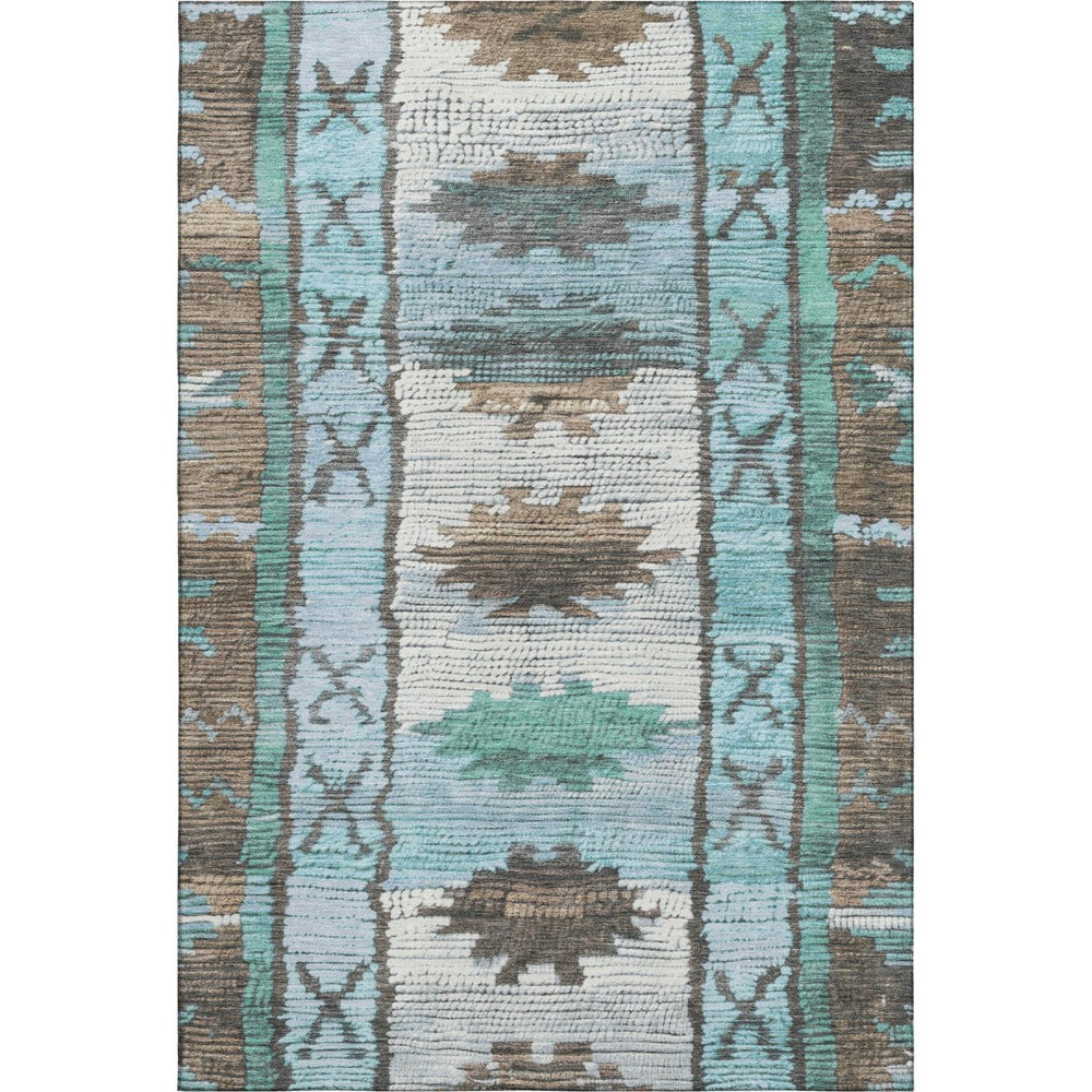 HomeRoots 9' X 12' Tribal Area Rug in Brown, Teal & Ivory - Washable, UV-Protected, Durable & Stylish Design 709023