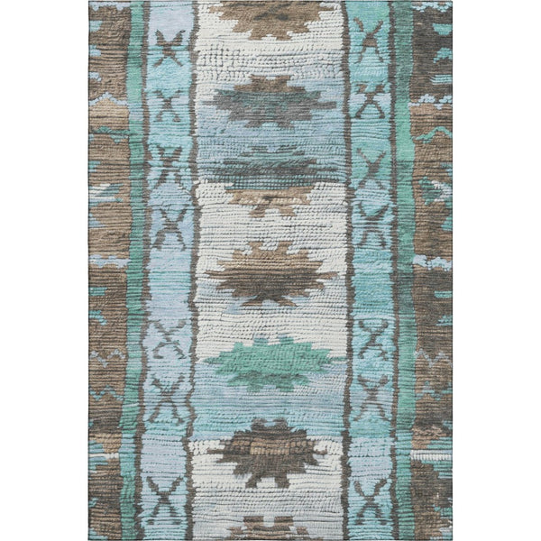 HomeRoots 9' X 12' Tribal Area Rug in Brown, Teal & Ivory - Washable, UV-Protected, Durable & Stylish Design 709023