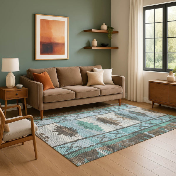 HomeRoots 9' X 12' Tribal Area Rug in Brown, Teal & Ivory - Washable, UV-Protected, Durable & Stylish Design 709023
