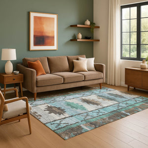 HomeRoots 10' Washable Brown Teal and Ivory Tribal Area Rug with UV Protection for Stylish Low-Maintenance Homes 709024