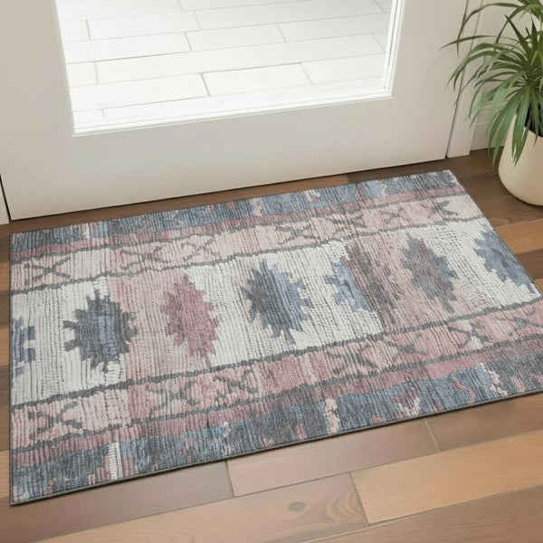 HomeRoots 5' X 8' Denim Blue Tribal Area Rug - Stylish, Washable, UV Protected, Soft & Durable for Busy Homes 709026