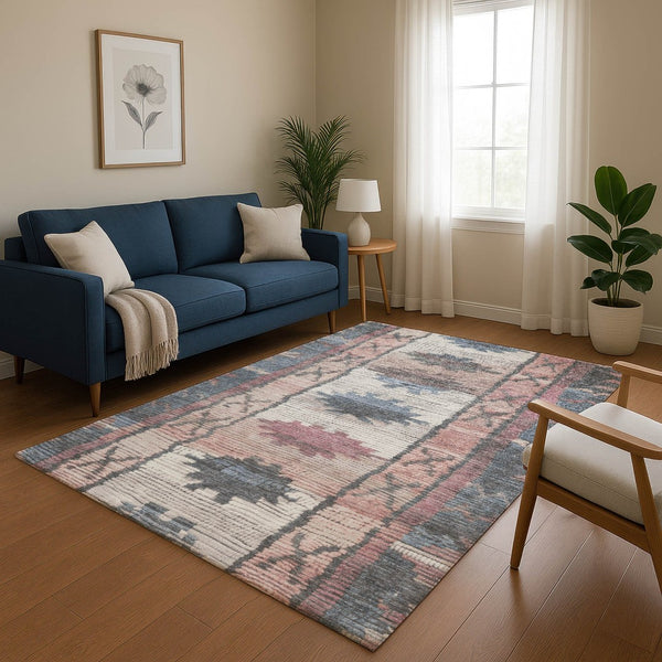 HomeRoots 5' X 8' Denim Blue Tribal Area Rug - Stylish, Washable, UV Protected, Soft & Durable for Busy Homes 709026