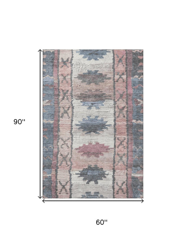 HomeRoots 8' Stylish Denim Blue, Blush & Ivory Tribal Round Rug - Washable, UV Protected & Pet Friendly! 709027