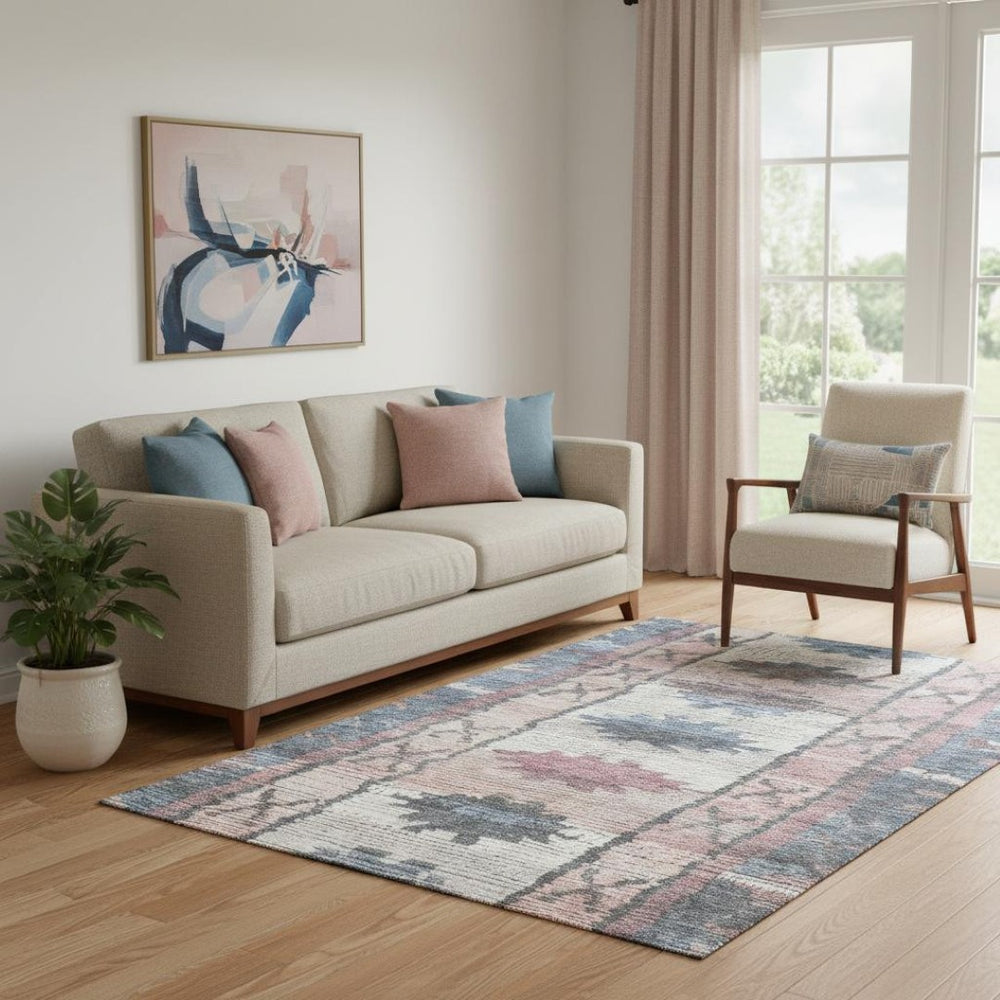 HomeRoots 8' Stylish Denim Blue, Blush & Ivory Tribal Round Rug - Washable, UV Protected & Pet Friendly! 709027