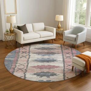 HomeRoots 8' X 10' Washable Denim Blue Blush Ivory Tribal Area Rug – Durable, UV Protected, Stain Resistant Design 709028