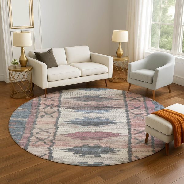 HomeRoots 8' X 10' Washable Denim Blue Blush Ivory Tribal Area Rug – Durable, UV Protected, Stain Resistant Design 709028