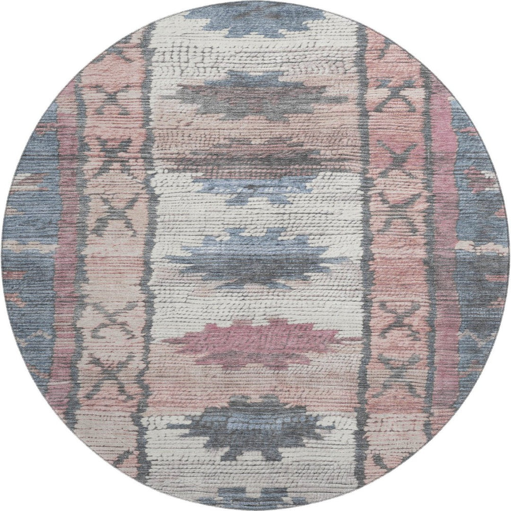 HomeRoots 8' X 10' Washable Denim Blue Blush Ivory Tribal Area Rug – Durable, UV Protected, Stain Resistant Design 709028