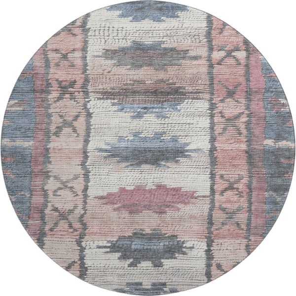 HomeRoots 8' X 10' Washable Denim Blue Blush Ivory Tribal Area Rug – Durable, UV Protected, Stain Resistant Design 709028
