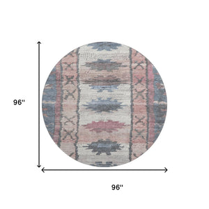 HomeRoots 8' X 10' Washable Denim Blue Blush Ivory Tribal Area Rug – Durable, UV Protected, Stain Resistant Design 709028