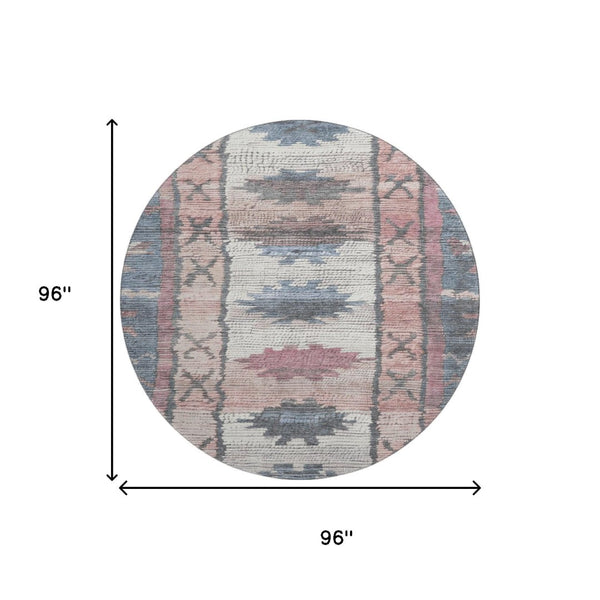 HomeRoots 8' X 10' Washable Denim Blue Blush Ivory Tribal Area Rug – Durable, UV Protected, Stain Resistant Design 709028