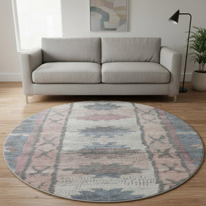 HomeRoots 8' X 10' Washable Denim Blue Blush Ivory Tribal Area Rug – Durable, UV Protected, Stain Resistant Design 709028
