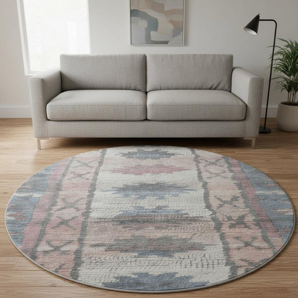HomeRoots 8' X 10' Washable Denim Blue Blush Ivory Tribal Area Rug – Durable, UV Protected, Stain Resistant Design 709028