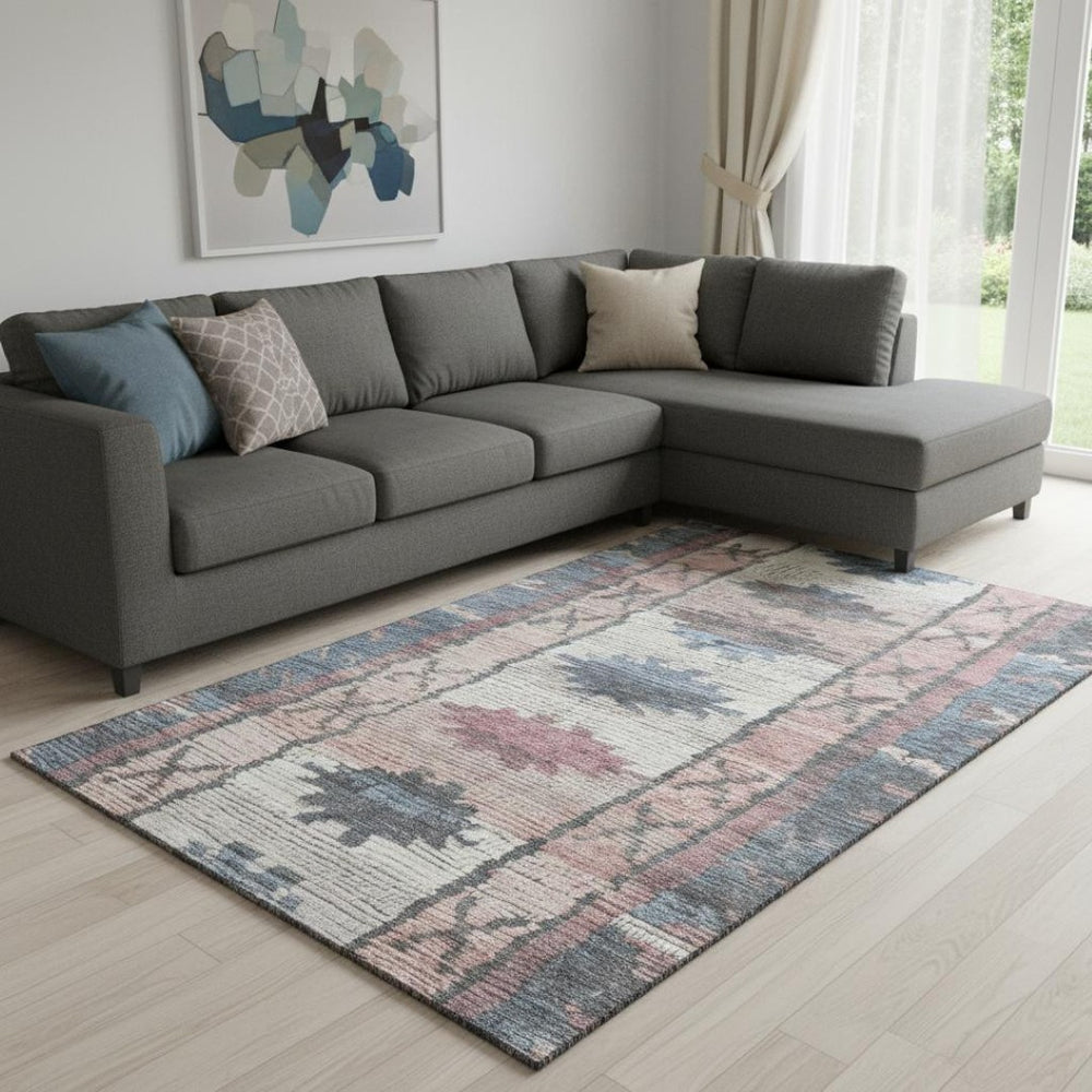 HomeRoots 9' X 12' Stylish Denim Blue Blush Ivory Tribal Area Rug - Washable, UV-Protected & Non-Slip! 709029
