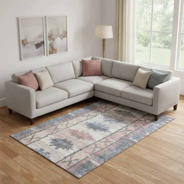 HomeRoots 10' X 14' Denim Blue, Blush & Ivory Tribal Washable Area Rug – UV Protected, Stain-Resistant, Non-Slip! 709030