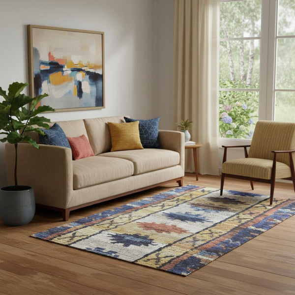 HomeRoots 8' Washable Gold Copper Ivory Tribal Round Rug - UV Protected, Stain Resistant, Durable for Homes 709033