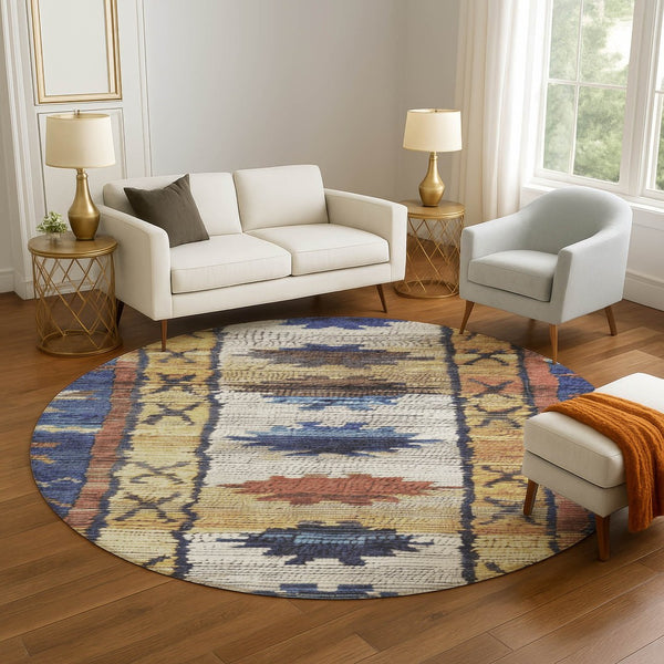 HomeRoots 8' X 10' Gold Copper and Ivory Tribal Area Rug - Durable, Washable, Stain-Resistant, UV Protected Design 709034