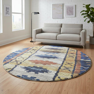 HomeRoots 8' X 10' Gold Copper and Ivory Tribal Area Rug - Durable, Washable, Stain-Resistant, UV Protected Design 709034