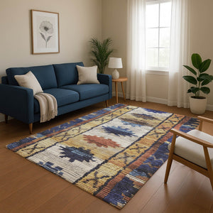 HomeRoots 9' X 12' Gold Copper Ivory Tribal Washable Area Rug - Durable, UV Protected, Ideal for High-Traffic Spaces 709035