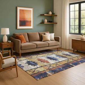 HomeRoots 9' X 12' Gold Copper Ivory Tribal Washable Area Rug - Durable, UV Protected, Ideal for High-Traffic Spaces 709035