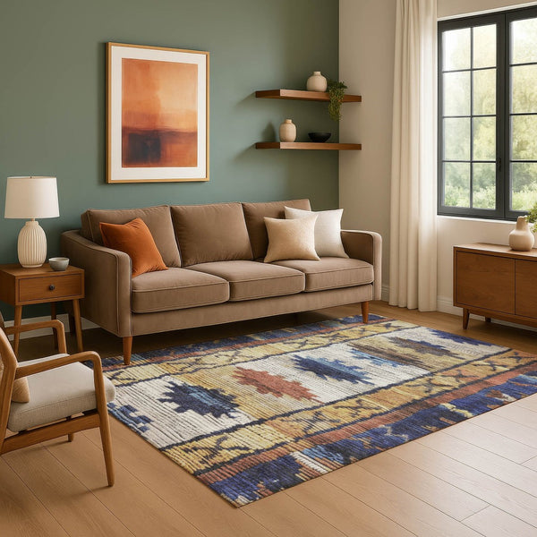 HomeRoots 9' X 12' Gold Copper Ivory Tribal Washable Area Rug - Durable, UV Protected, Ideal for High-Traffic Spaces 709035