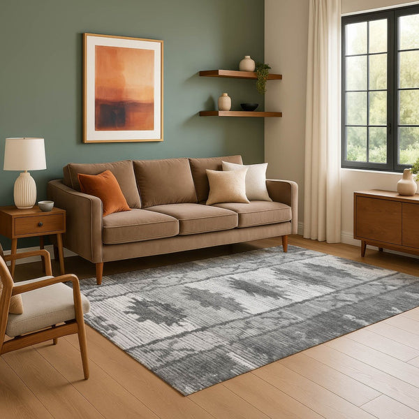 HomeRoots 5' X 8' Gray Charcoal & Ivory Tribal Area Rug - Machine Washable, UV Protected, Durable & Stylish 709038