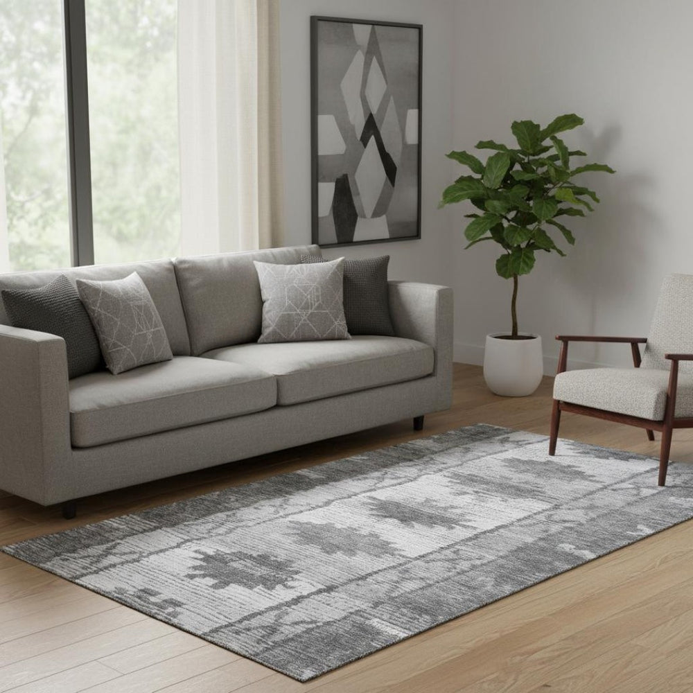 HomeRoots 8' Gray Charcoal Tribal Washable Round Rug - UV Protected, Durable, Stain Resistant for Homes & Kids 709039