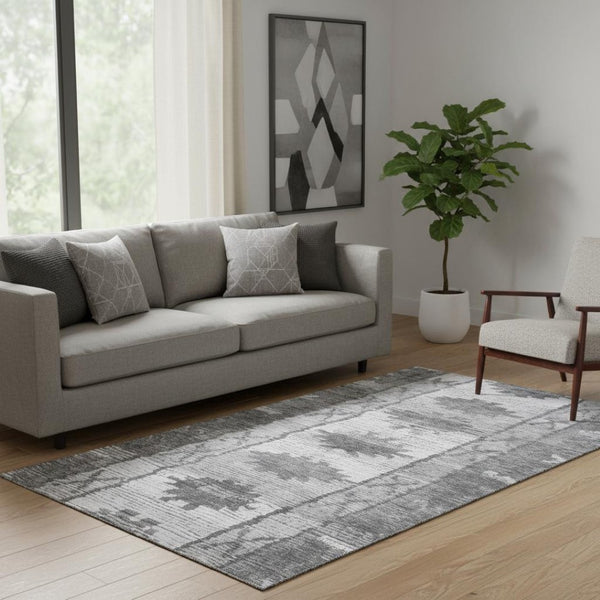 HomeRoots 8' Gray Charcoal Tribal Washable Round Rug - UV Protected, Durable, Stain Resistant for Homes & Kids 709039