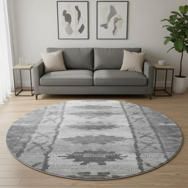 HomeRoots 8' X 10' Gray Charcoal & Ivory Tribal Area Rug - Washable, UV-Protected, Stain-Resistant Design! 709040
