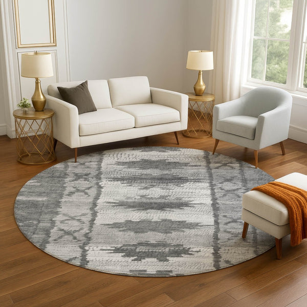 HomeRoots 8' X 10' Gray Charcoal & Ivory Tribal Area Rug - Washable, UV-Protected, Stain-Resistant Design! 709040